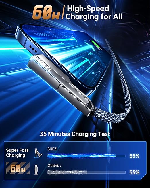 4-in-1 USB C Cable 5FT Compatible with Lightning Cable 90 Degree Fast Charging Flat Nylon Braided for iPhone/iPad Charger Cord Multi Charge Cord with L/USB C/USB A Ports, Grey