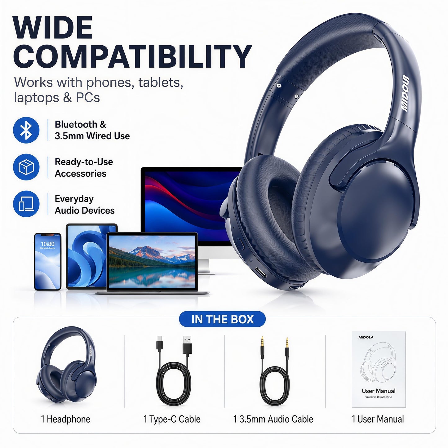 Bluetooth Headphones Wireless 68H with Mic,Decent Sound-Acceptable Blue