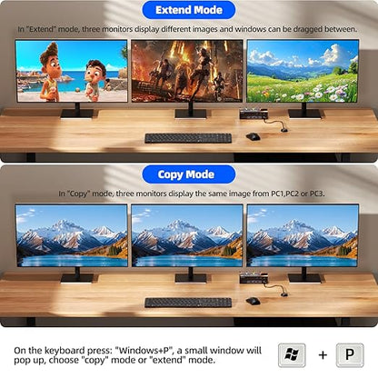 KVM Switch 3 Monitors 3 Computers 8K@60Hz/4K@120Hz, HDMI DP KVM Switches for 3 PC Sharing Triple Monitor and Keyboard Mouse with Power Adapter, Wired Extend Controller and USB3.0 Cables