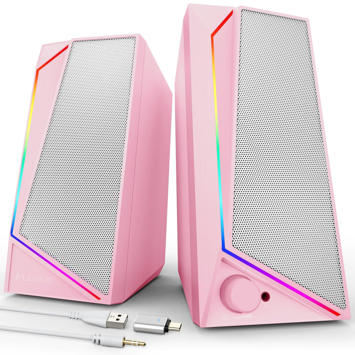 LENRUE Computer Speakers, USB/USB-C Powered AUX Audio for PC Speakers with Loud Stereo Sound, Headphone-in, Touch Lights for Desktop, Computer, Laptop, Desk（USB-C to USB Adapter Included