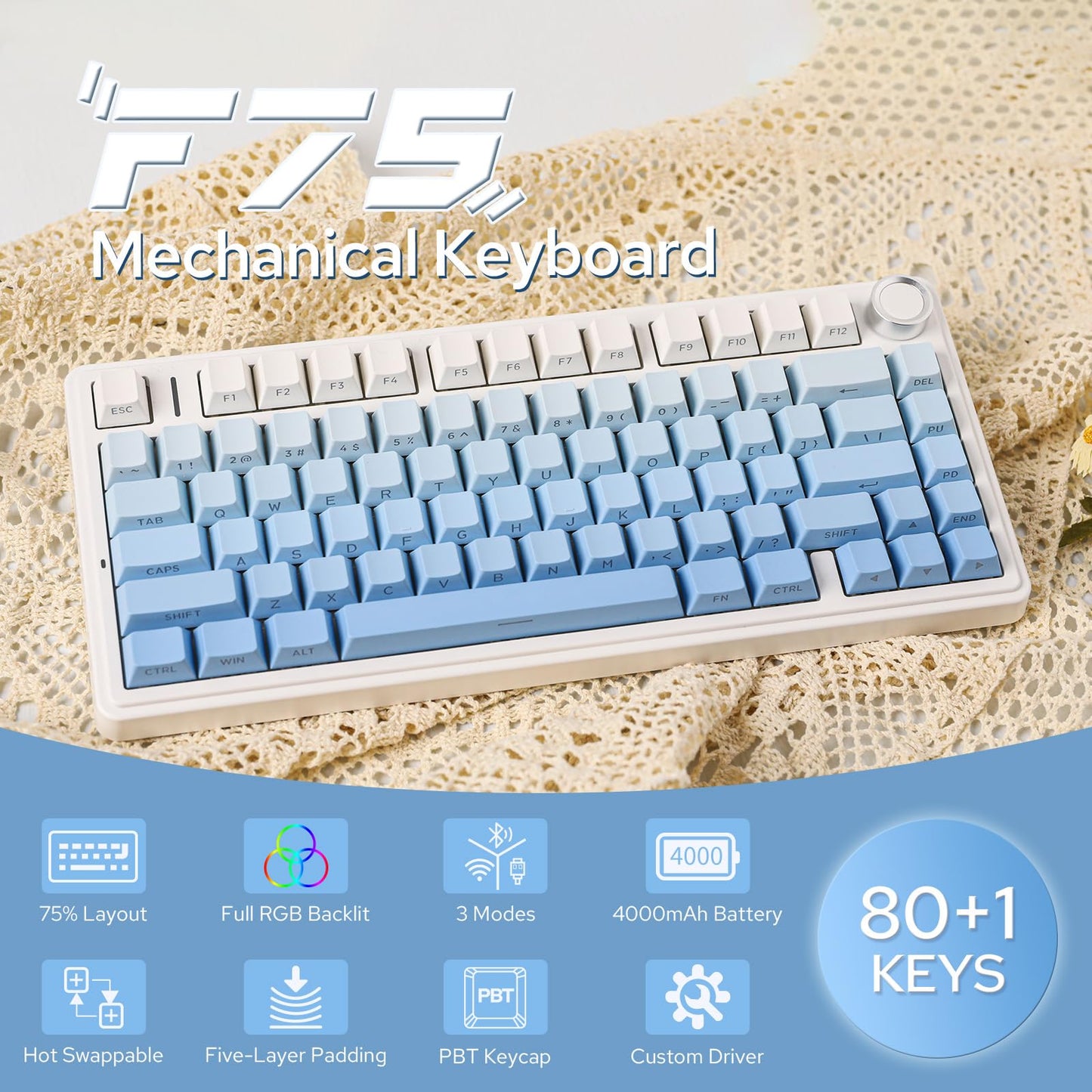 EPOMAKER x Aula F75 Gasket Mechanical Keyboard, 75% Wireless Hot Swappable Gaming Keyboard with Five-Layer Padding&Knob, BT/2.4GHz/USB-C, RGB (Blue Gradient, LEOBOG Reaper Switch)