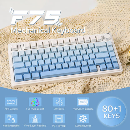 EPOMAKER x Aula F75 Gasket Mechanical Keyboard, 75% Wireless Hot Swappable Gaming Keyboard with Five-Layer Padding&Knob, BT/2.4GHz/USB-C, RGB (Blue Gradient, LEOBOG Reaper Switch)