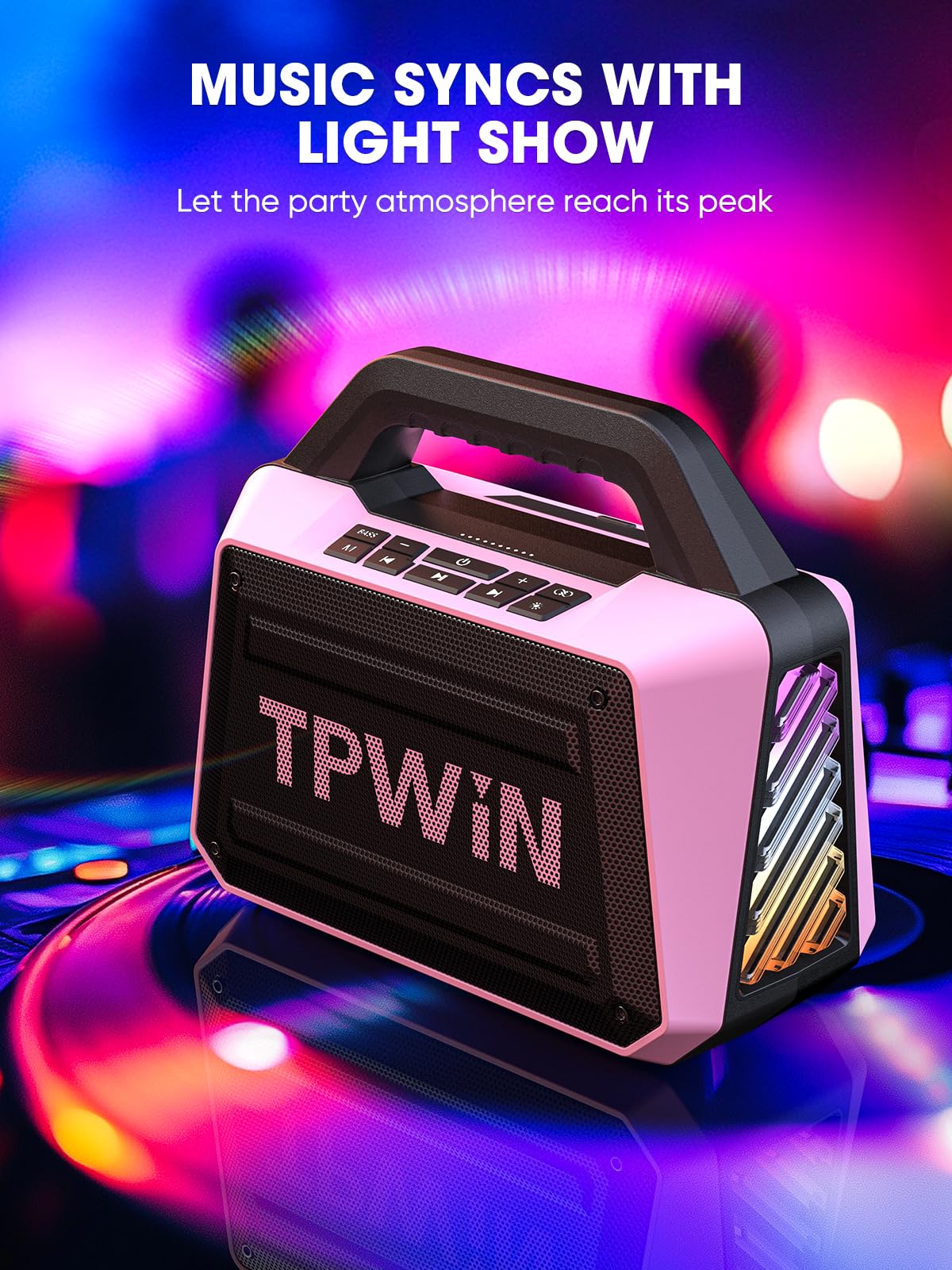 TPWIN Wireless Bluetooth Speakers - Portable Speaker 80W Peak, 20H Playtime, Light Shows, Loud Speaker with Strong Bass, BT 5.3, TWS, IPX6 Waterproof for Home Travel Outdoor Beach Camping - Pink