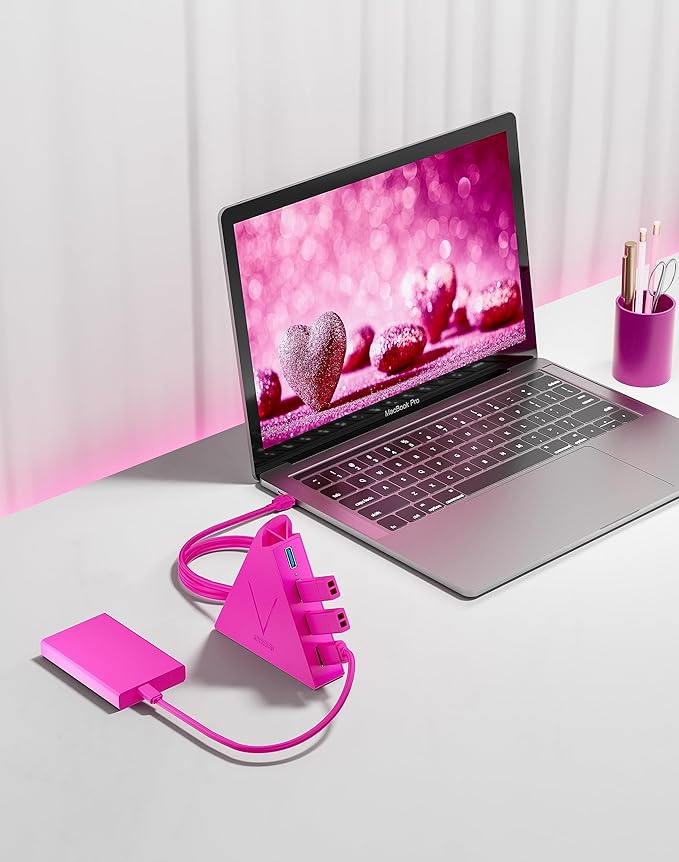 USB Hub 3.0, JoyReken 4-Port USB Splitter for Laptop, Ps4 Keyboard and Mouse Adapter Compatible with Xbox, PC, MacBook, Surface Pro, Flash Drive, HDD, Console, Printer, Camera,Keyborad,Mouse, Hot Pink