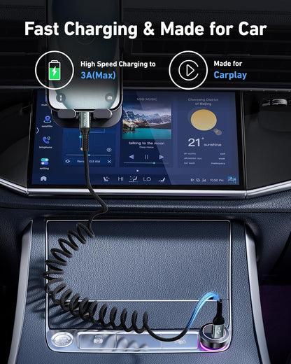 USB A to USB C Cable 3FT/6FT, Coiled USB C Cable for Car, 66W USBC Cable