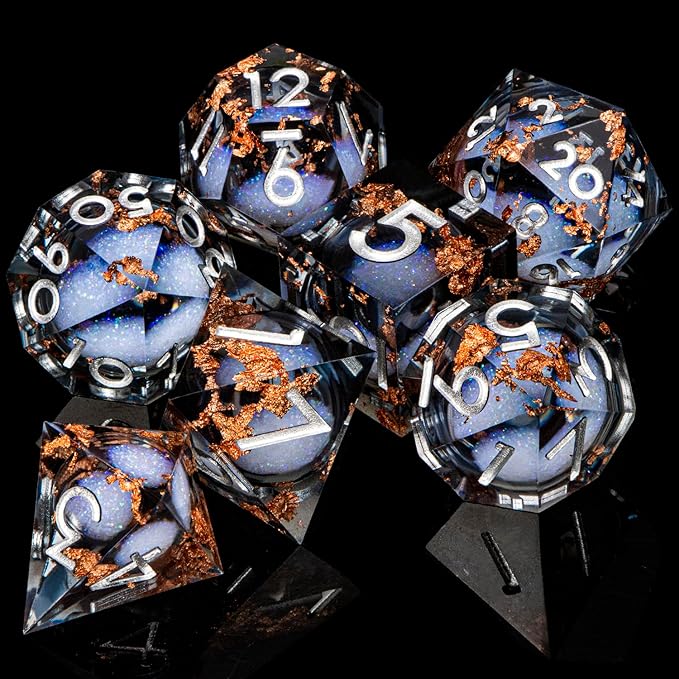 ARUOHHA Liquid Core DND Dice Set, 7pcs Resin Sharp Edged Dragons Dice Role Playing Games, RPG Silver Numbers Black Dungeons Polyhedral Dice with Gift Box D20 D12 D10 D8 D6 D4