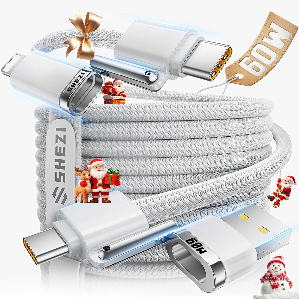 SHEZI Nylon Braided 4 in 1 USB C Cable 240W 5FT Compatible with Lightning Cable, Fast Charging for iPhone/iPad Charger Cord [480Mbps Data Sync],Multi Charging Cable with Type C/USB A, Grey