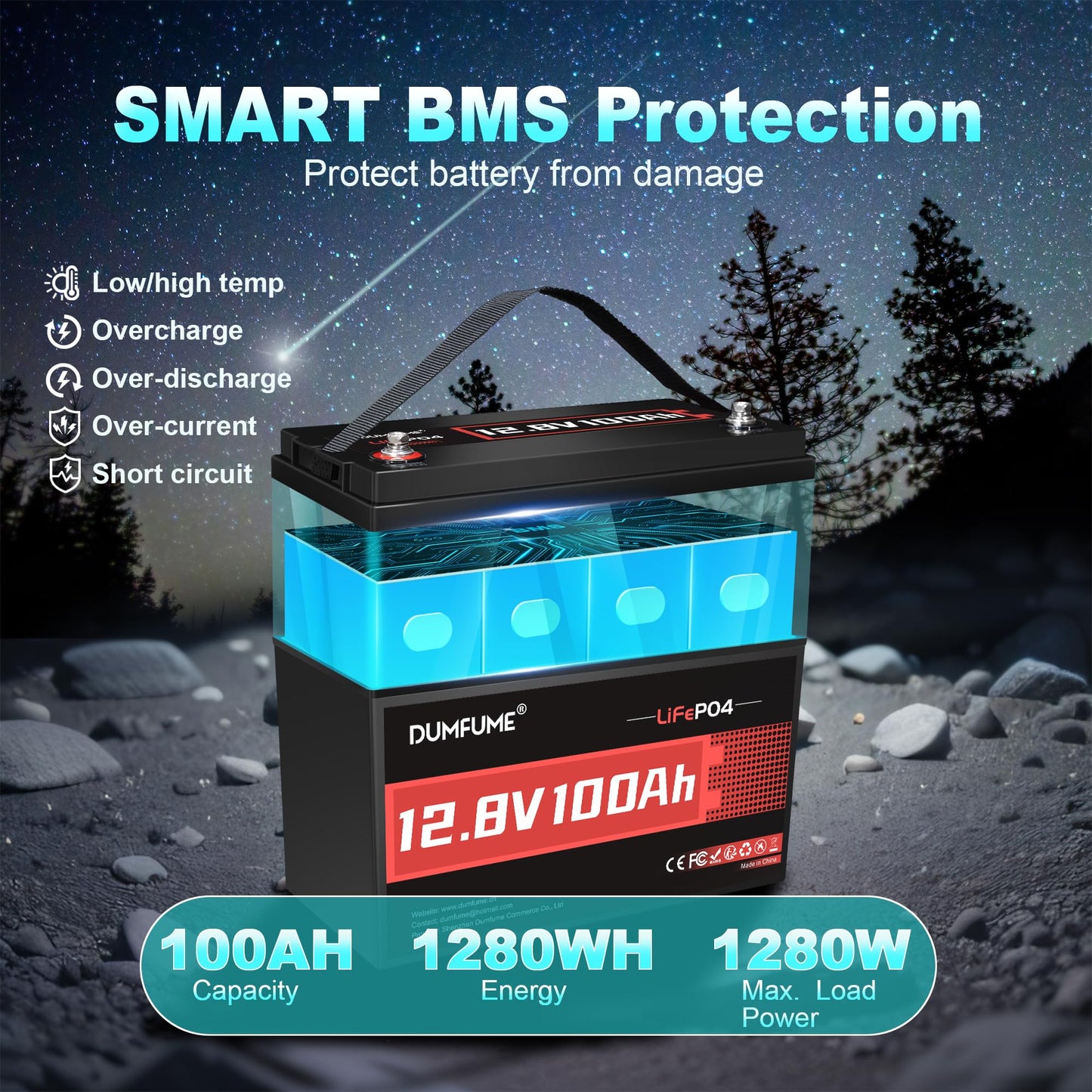 Dumfume 12V 100Ah LiFePO4 Lithium Battery Built-in 100A BMS, Group 31 Rechargeable Battery 6000+ Cycles 1280Wh Perfect for RVs MotorHomes, Camper, Solar System, and Off-Grid