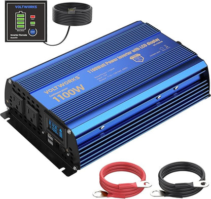 Power Inverter 1100 watt 12V DC to 110V 120V AC 1000w Inverter with LCD Display Remote Control 2AC Outlets Dual 2.4A USB Ports Compatible with Lithium Battery for Car RV Truck Boat by VOLTWORKS