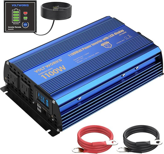 Power Inverter 1100 watt 12V DC to 110V 120V AC 1000w Inverter with LCD Display Remote Control 2AC Outlets Dual 2.4A USB Ports Compatible with Lithium Battery for Car RV Truck Boat by VOLTWORKS