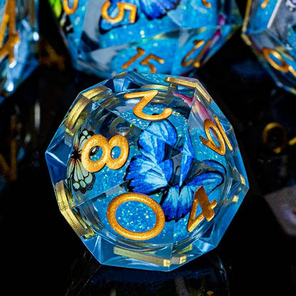Butterfly DND Dice Blue Liquid Core Dice Set with Metal Box, Handmade Sharp Edge D and D Polyhedral Dice for use with D&D Role Playing Game, D20 D12 D10 D8 D6
