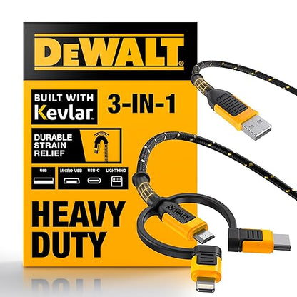 DEWALT Heavy Duty 3 in 1 Multi Charging Cord, 6ft Fast Charger Cord, Multi Charger Adapter with Lightning/Type C/Micro USB Port for iPhones/Samsung Galaxy/PS/Tablets/More