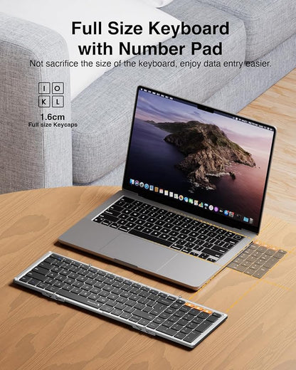 ProtoArc Foldable Bluetooth Keyboard, XK01 Folding Wireless Portable Keyboard with Numeric Keypad, Full-Size Travel Keyboards for iPad Tablet Smartphone Laptop PC Windows iOS Android, Black Silver