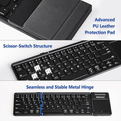 Foldable Bluetooth Keyboard with Touchpad, Wireless Folding Keyboards with PU Leather (Sync up to 3 Devices), Full-Size Portable Keyboard for Android/Windows/iOS