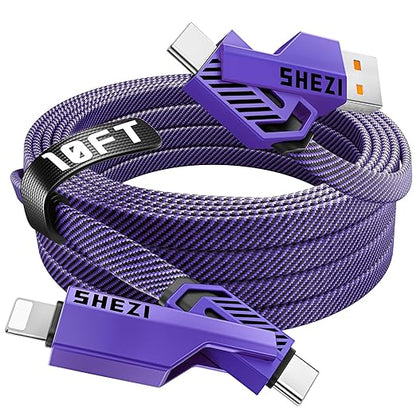 SHEZI [Upgraded 2.0] 4-in-1 Long USB C Cable 60W 10FT Fast Charging [480Mbps Data Sync] Flat Nylon Braided Charger Cord Combo, USB A/C to C/L Multi Charge Cable for iPhone/iPad & Most Devices, Purple