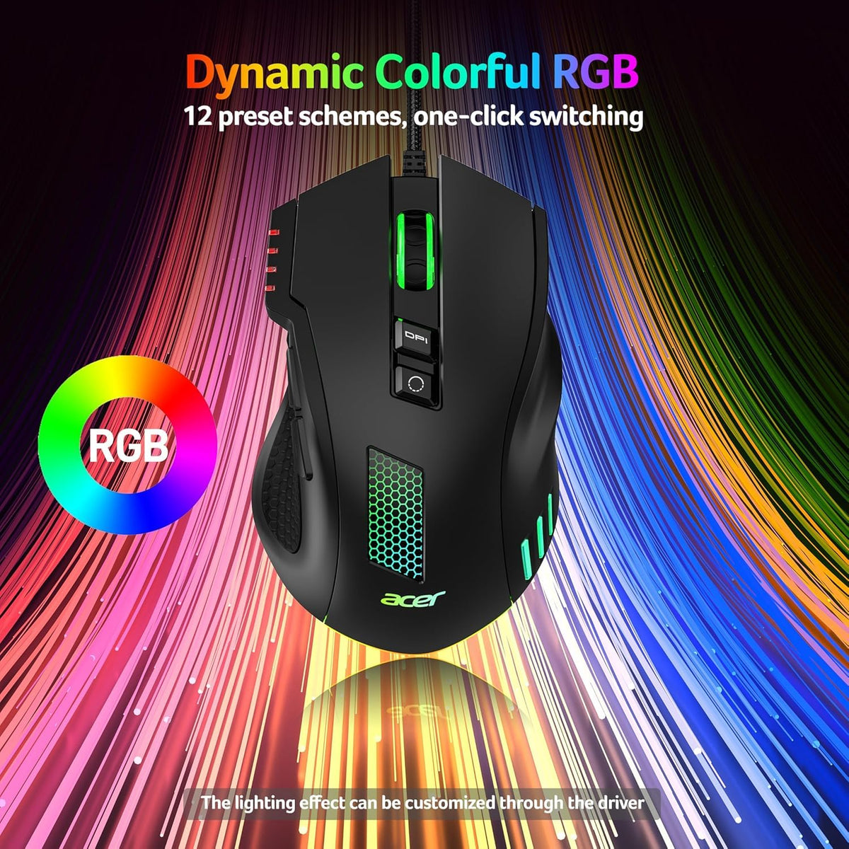 Acer Wired Gaming Mouse, 12,800 DPI RGB Ergonomic Computer Mouse for PC