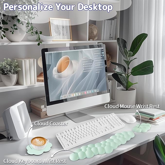 Cloud Wrist Rest for Keyboard and Mouse, Memory Foam PU Leather Keyboard Wrist Rest with Ergonomic Support, Non-Slip Base, Cute Arm Rest Pad & Palm Cushion, Office Desk Accessory, Light Green