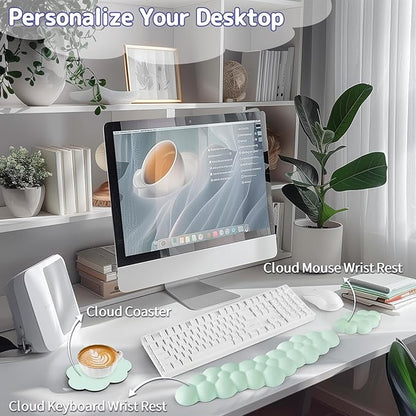 Cloud Wrist Rest for Keyboard and Mouse, Memory Foam PU Leather Keyboard Wrist Rest with Ergonomic Support, Non-Slip Base, Cute Arm Rest Pad & Palm Cushion, Office Desk Accessory, Light Green