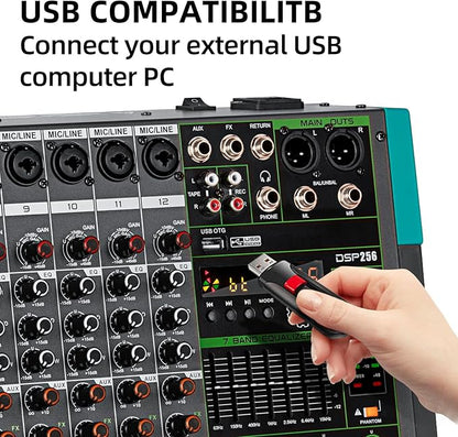 Depusheng PA12 Professional Audio Mixer Sound Board Console Desk System Interface 12 Channel Digital USB Bluetooth MP3 Computer Input 48V Phantom Power Built-in 256 Reverb Effect, Black