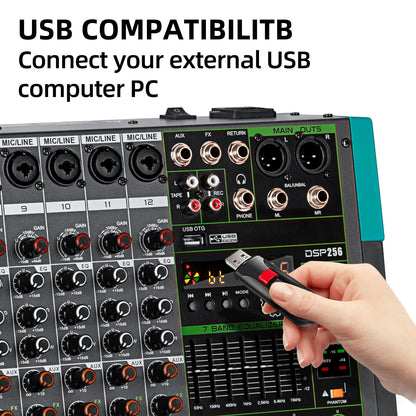 Depusheng PA12 Professional Audio Mixer Sound Board Console Desk System Interface 12 Channel Digital USB Bluetooth MP3 Computer Input 48V Phantom Power Built-in 256 Reverb Effect, Black