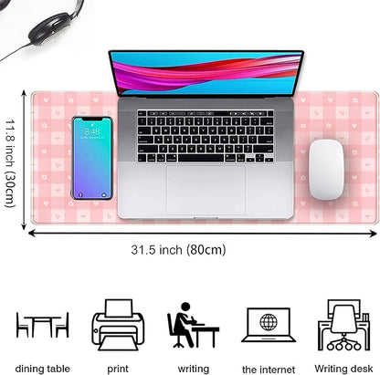 Pink Minimalist Gingham Floral Desk Mat Gaming Mouse Pad Large Cute Pastel Desk Pad Deskmat Kawaii, Women Office Desk Cover Mat, Laptop Computer Keyboard Mat Mousepad Desk Accessories 31.5"x11.8"