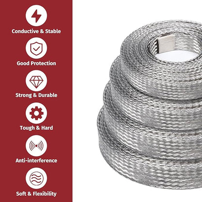 Tinned Copper Metal Braid Sleeving Wire Shielding Sleeve Braided Copper Ground Straps EMI/RFI Interference Expandable Flat Mesh Shielding Cable for Protect Wire (5/16inch-22ft)