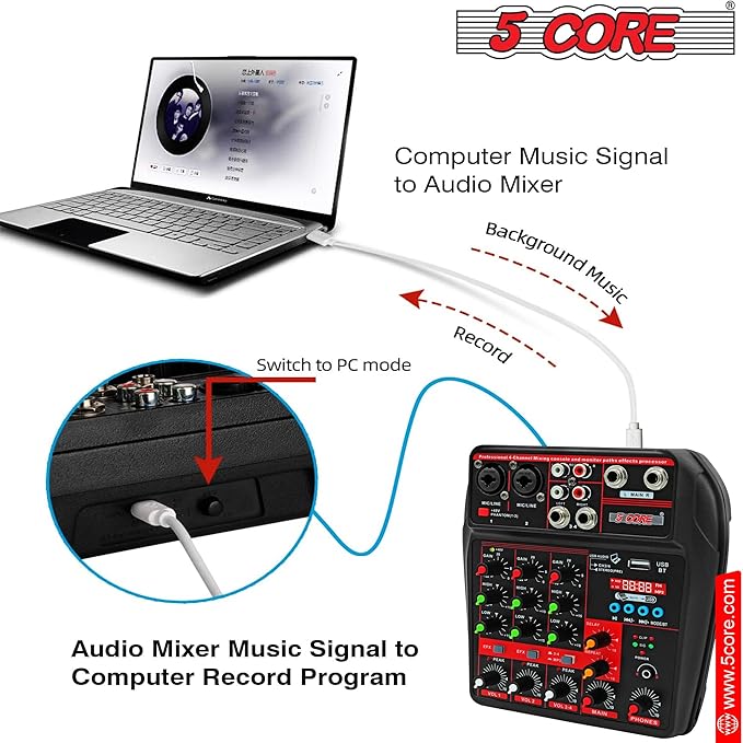 5 Core Audio Mixer 4 Channel DJ Mixing Board Small Bluetooth USB Analog Mezclador De Audio w Phantom Power Console for Live Recording Podcast Karaoke PARENT MX 4CH (Black)
