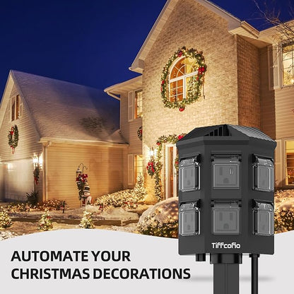 TiFFCOFiO Outdoor Power Strip Timer, Dusk to Dawn Light Sensor Countdown, 100 Feet Extension Cord Waterproof, 6 Grounded Outlets for Halloween and Christmas Decorations, ETL Listed (100 FT)