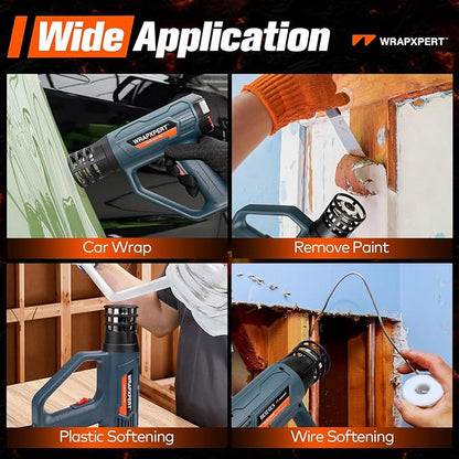 WRAPXPERT Heat Gun for Vinyl Wrap with Digital LCD 2000W 122℉-1202℉（50℃- 650℃) Hot Air Gun Variable Temperature Control Memory Function for Car Wrap, Crafts, Shrinking Tubing, Stripping Paint