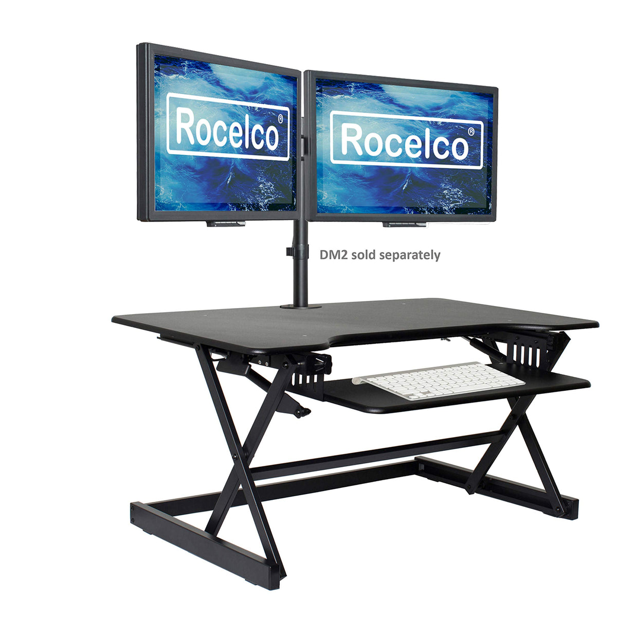 Rocelco 32" Height Adjustable Standing Desk Converter - Sit Stand Computer Workstation Riser - Dual Monitor Retractable Keyboard Tray Gas Spring Assist - Black (R EADRB2)