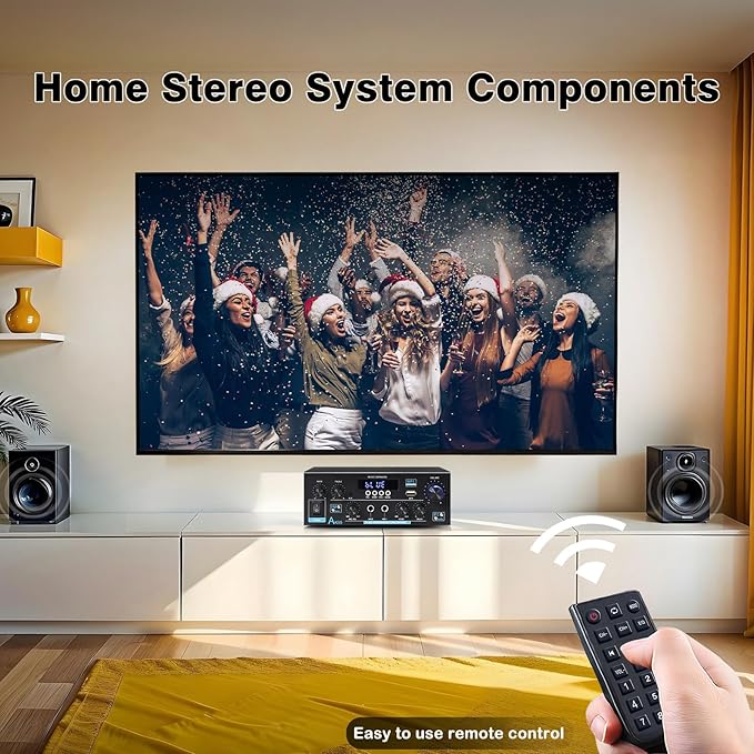 AK55 Bluetooth 5.0 Amplifier Home Audio,2.0 Channel Max 450W Power Stereo Amplifier Receiver w/USB/AUX/RCA/Opt/COA /2 MIC in for Home Theater Speakers