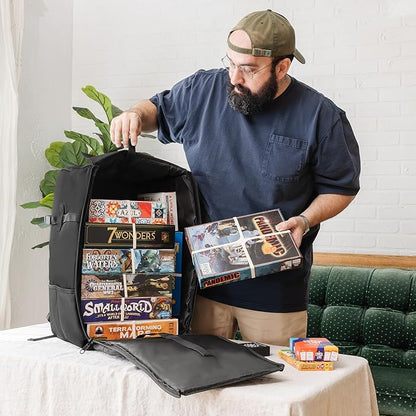 Board Game Backpack with 10 Board Game Bands, Padded Straps, Carrying Handle, Pockets for Small Games and Accessories