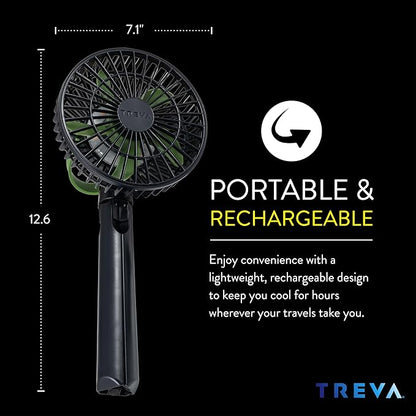 Treva 5 Inch Tripod Fan with Built-In Light and Attachable Phone Mount, Rechargeable 3-Speed Mini Fan with Handle for Travel, Camping, Outdoors