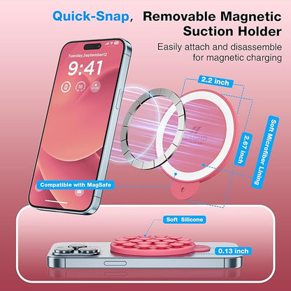 Magnetic Suction Cup Phone Mount for MagSafe Case, Silicone Hands-Free Grip Holder for iPhone and Android, Mirror Shower Phone Stand for Makeup FaceTime Gym Kitchen Bathroom, Camellia Red