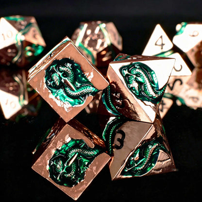 RULE DICE Serpent's Embrace Metal DND Dice Set - 7pc Polyhedral D&D Dice for TTRPGs Like Dungeons and Dragons and Pathfinder - Emerald Green Snake Design, Heavy & Balanced for Tabletop Gaming