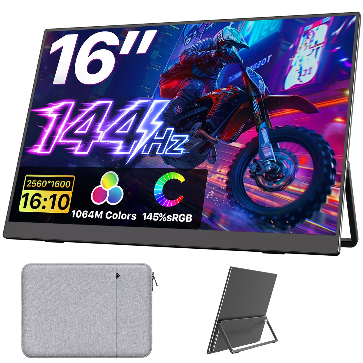 Upperizon Portable Monitor 16 inch 2K QHD 2560X1600 145% sRGB, 144Hz USB-C, 120Hz HDMI, Travel Monitor for Laptop MacBook PC Surface PS5 Xbox, External Display with Kickstand & Speaker VESA Compatible