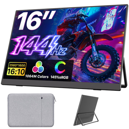 Upperizon Portable Monitor 16 inch 2K QHD 2560X1600 145% sRGB, 144Hz USB-C, 120Hz HDMI, Travel Monitor for Laptop MacBook PC Surface PS5 Xbox, External Display with Kickstand & Speaker VESA Compatible