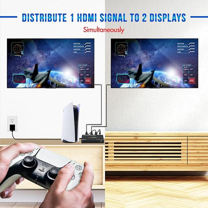 J-Tech Digital HDMI Splitter 1 in 2 Out 4K@60Hz, 1x2 HDMI Splitter for Duplicate/Mirror Screen 4K to 1080P Downscaling Function 3 EDID Settings (JTECH-SP12M18G)