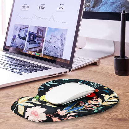 JIKIOU Mouse Pad, 2 Pack Ergonomic Mouse Pads with Comfortable Gel Wrist Rest Support and Smooth Cloth, Non-Slip PU Base for Easy Typing Pain Relief Durable and Easy to Clean Small Black Flowers