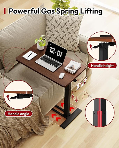 SANODESK Medical Adjustable Overbed Bedside Table with Casters 90° Tilt Top Pneumatic Mobile Rolling Laptop Computer Standing Desk Cart with Tray, Hospital and Home Use(31.5" W x 17.7" D, Walnut)