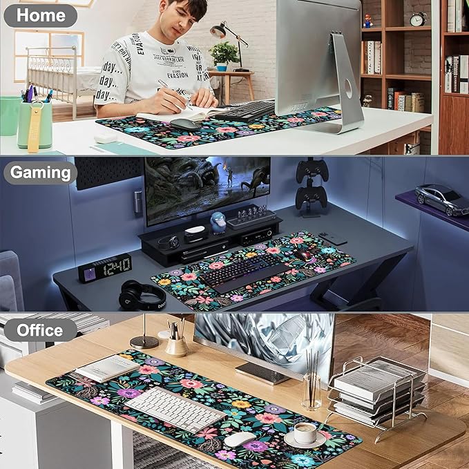 Mouse Pad, Large Colorful Flowers and Plants Desk Mat, Extended Non-Slip Gaming Keyboard Mousepad Desk Pad, Thick Stitched Edges Waterproof Mouse Mat 31.5"x15.7" (Beautiful Floral)