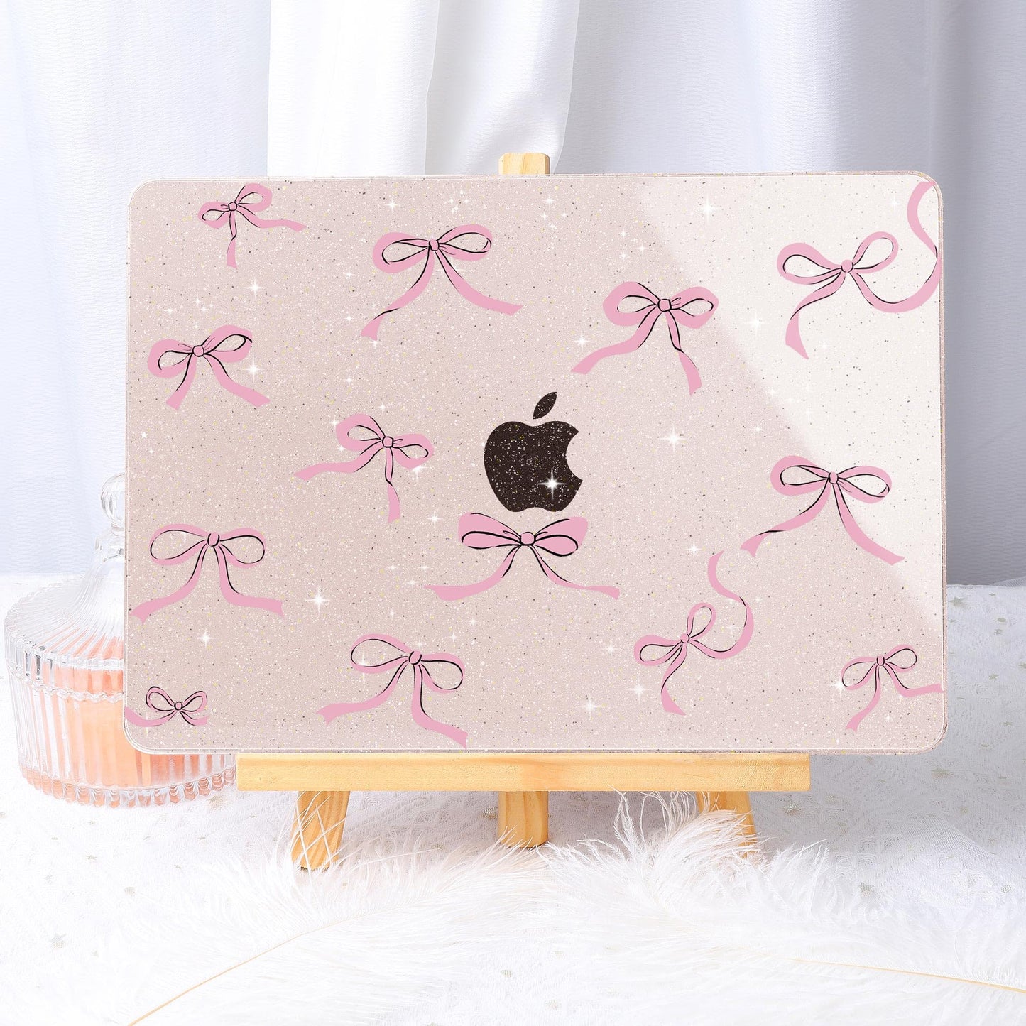 May Chen Case for MacBook Air 13/13.6 inch M5 A3449 M4 A3240 M3 A3113 M2 A2681, 2026 2025 2024-2022, Plastic Hard Shell with Keyboard Cover & Screec Protector, Sakura Pink Glitter Bow