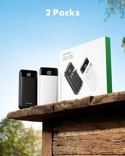 2 Packs Portable Chargers with Built in Cables, 2PCS Slim 10000mAh Travel Essentials Battery Pack 6 Outputs 3A Power Banks for iPhone Samsung Pixel LG Moto iPad