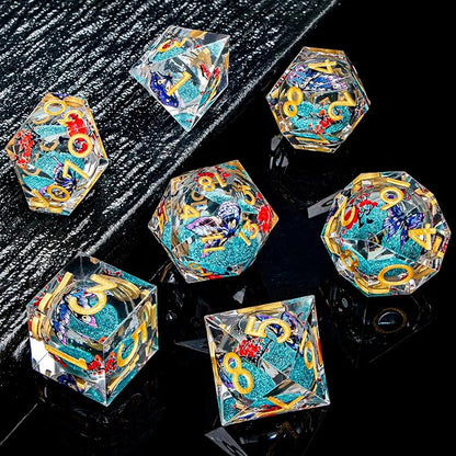Butterfly DND Dice Blue Liquid Core Dice Set with Metal Box, Handmade Sharp Edge D and D Polyhedral Dice for use with D&D Role Playing Game, D20 D12 D10 D8 D6
