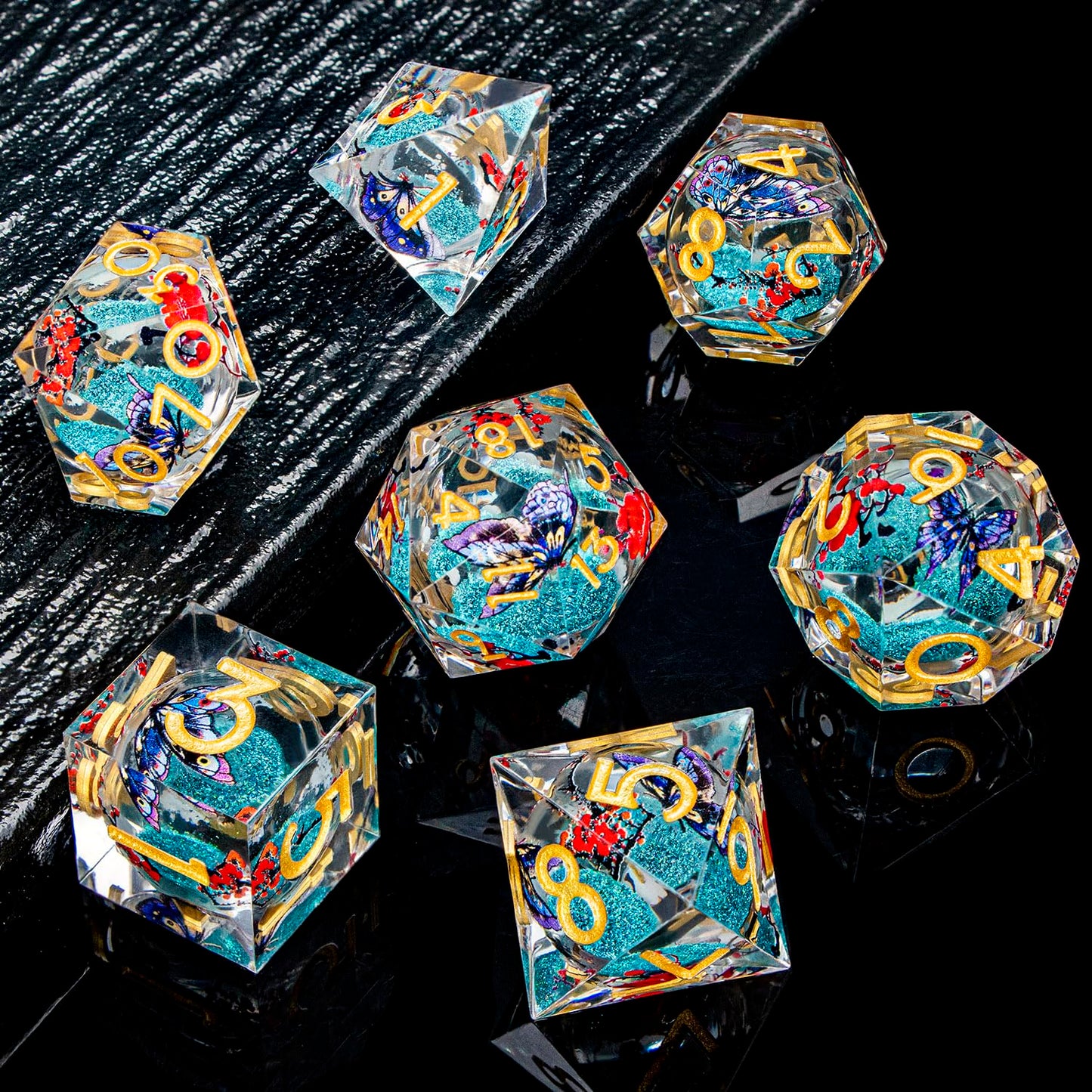 ORIFANTOU Butterfly DND Dice Blue Liquid Core Dice Set with Metal Box, Handmade Sharp Edge D and D Polyhedral Dice for use with D&D Role Playing Game, D20 D12 D10 D8 D6