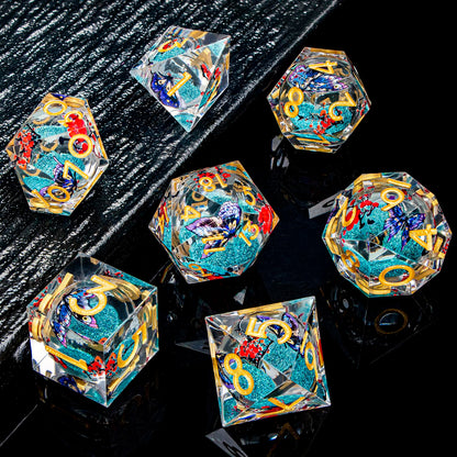 ORIFANTOU Butterfly DND Dice Blue Liquid Core Dice Set with Metal Box, Handmade Sharp Edge D and D Polyhedral Dice for use with D&D Role Playing Game, D20 D12 D10 D8 D6