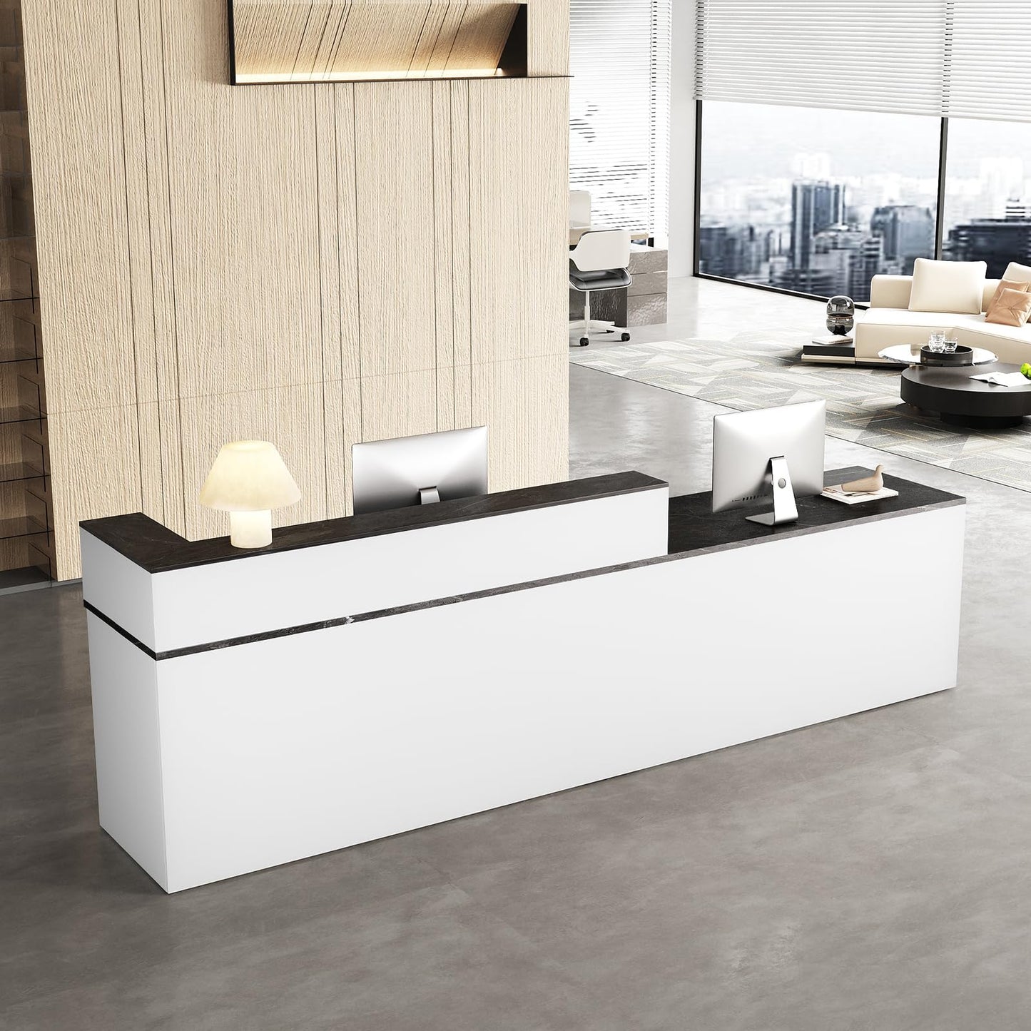 Nuipesn 71" Modern Reception Desk with Counter, Lockable Drawer, Keyboard Tray & Cable Grommet, Right Layout, White + Black