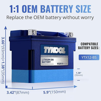 YTX12-BS High Performance LiFePO4 Lithium Motorcycle Battery,360CCA,12V 6Ah,Digital Readout,Fits for Honda TRX250 Recon,Suzuki LT-F250 Ozark,BRP (CAN-AM) DS250 ATV,Polaris RZR UTV,Vespa 300cc Scooter