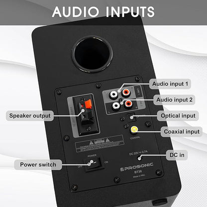 Prosonic BT30(2023 Version) Active Powered Bluetooth Bookshelf Speakers, Studio Monitor, Home Theater, Turntable with Optical Input, Coaxial Input, 2X RCA Aux Line Input, 80 Watts, (Black)