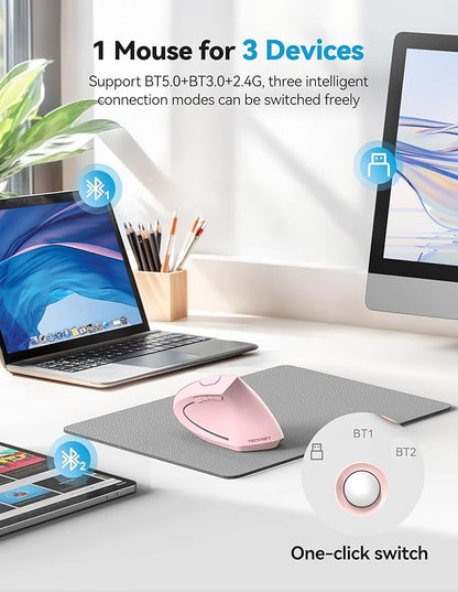 TECKNET Ergonomic Mouse, Rechargeable 2.4G+Bluetooth Vertical Mice 6 DPI Adjustable, Wireless Optical Carpal Tunnel Mouse for Right Hand, Silent 6 Buttons for Laptop, PC, MacBook, iPad - Pink